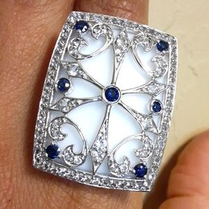 925 White Topaz,  Blue Sapphire,  White Agate.  MAGNIFICENT design, FIRM.